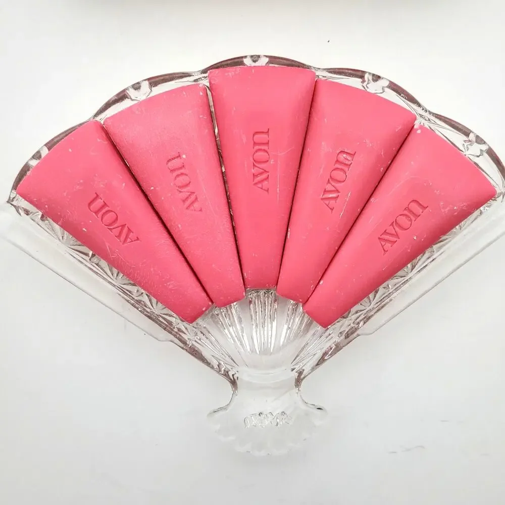 Vtg Avon Hostess Fancy Soap Dish & 5 Decorative Fragranced Pink Carved Soaps
